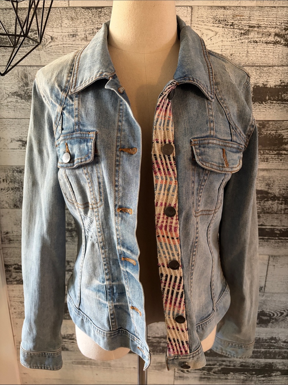 Roxy Light Blue Denim Jacket with Patterned Trim